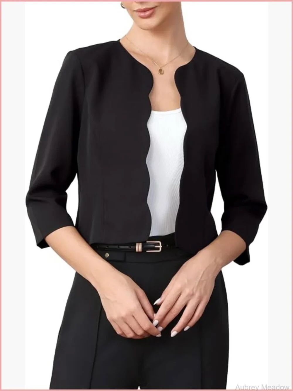 Crop Blazer Open Front 3/4 Sleeve Collarless Jacket Business Casual